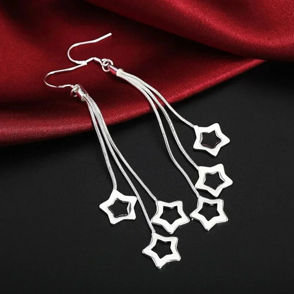 925 Sterling Silver Star Long Tassel Drop Earrings - Picture 1 of 5